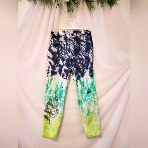 Levi Strauss Upcycled jeans, green and black tie dye with gray pockets, Medusa